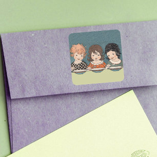 Vintage Little Girls Eating Soup Three Sisters Square Sticker