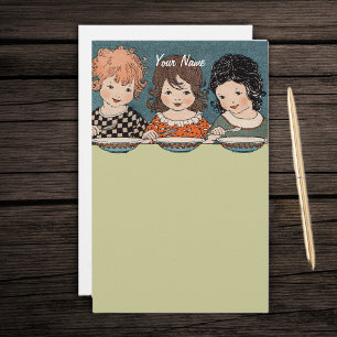 Vintage Little Girls Eating Soup Three Sisters Stationery