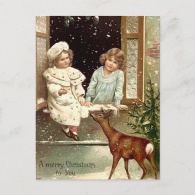 Vintage Little Girls Feeding Deer Christmas Holiday Postcard (Front)