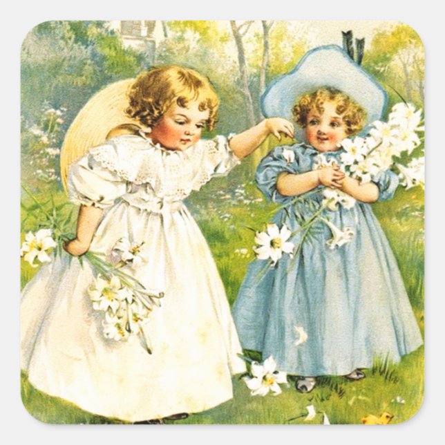 Vintage Little Girls with Chicks. Easter  Square Sticker (Front)