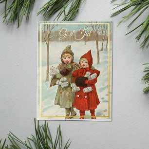 Vintage Little Girls with parcels  - golden Foil Holiday Postcard