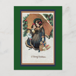 Vintage Little Girls With Red Ribbons Christmas Holiday Postcard