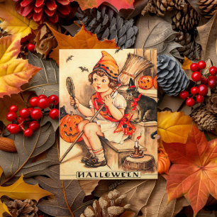 Vintage Little Halloween Witch Girl Holiday Card