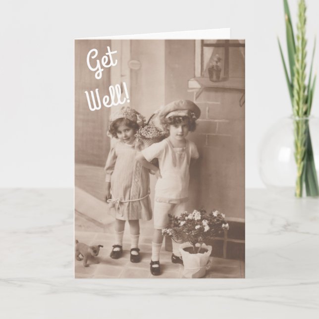 Vintage Little Kids Flower Bouquets Get Well Card (Front)