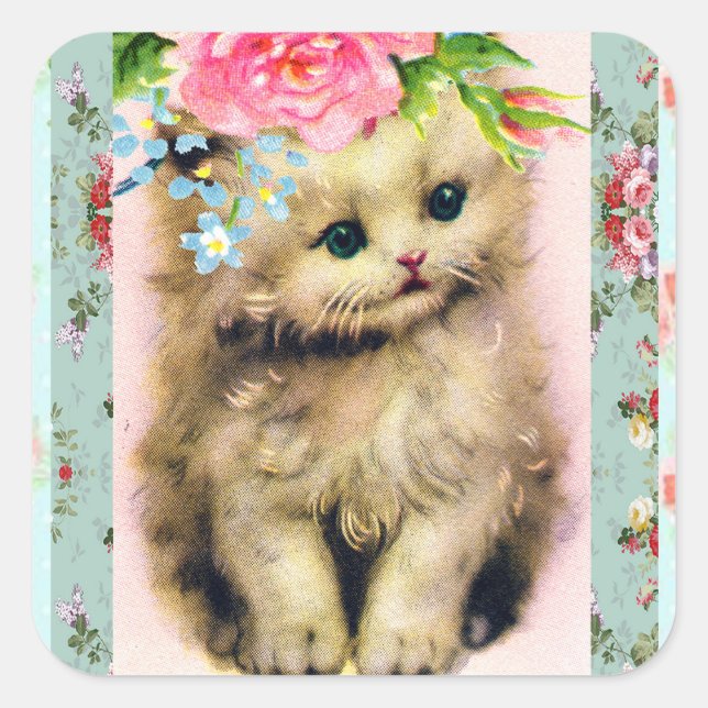 Vintage Little Kitten Stickers Floral Shabby Chic (Front)