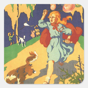 Vintage Little Red Riding Hood, Dog and Balloons Square Sticker
