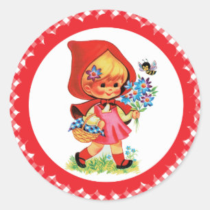 Vintage Little Red Riding Hood on Red Bias Gingham Classic Round Sticker