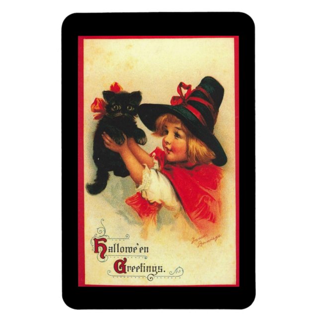 Vintage Little Witch With Kitten Magnet (Vertical)