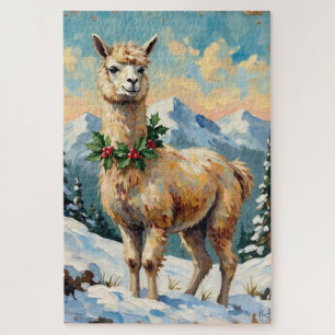 Vintage Llama in Snowy Christmas Meadow Jigsaw Puzzle