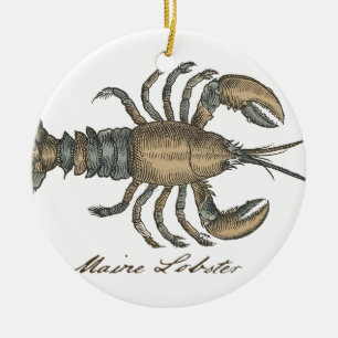 Vintage Lobster Illustration: Coastal Damask  Ceramic Tree Decoration