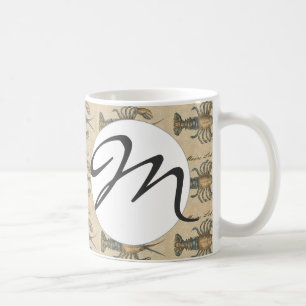 Vintage Lobster Illustration: Coastal Damask  Coffee Mug