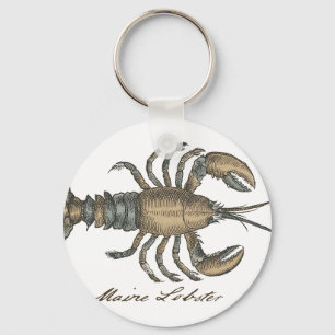 Vintage Lobster Illustration: Coastal Damask  Key Ring