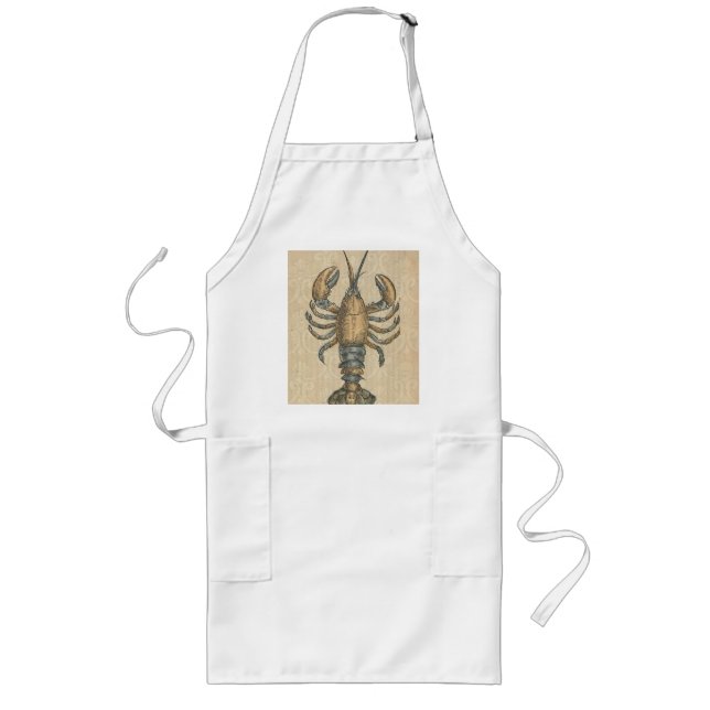 Vintage Lobster Illustration: Coastal Damask  Long Apron (Front)