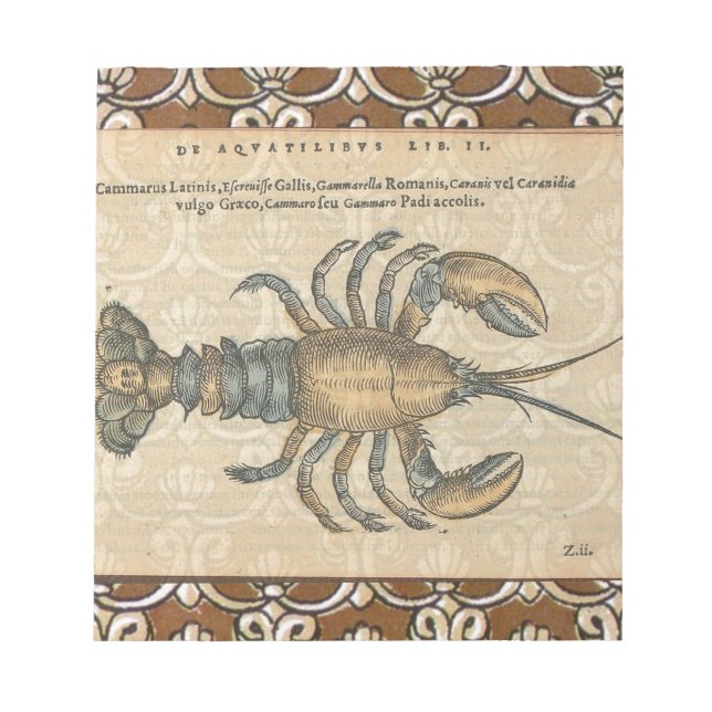 Vintage Lobster Illustration: Coastal Damask  Notepad (Front)