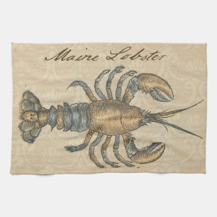 Vintage Lobster Illustration: Coastal Damask  Tea Towel