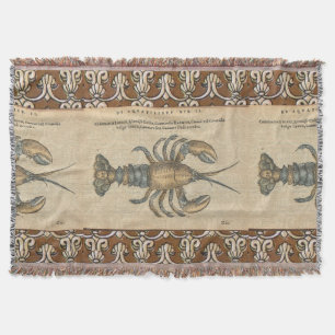 Vintage Lobster Illustration: Coastal Damask Throw Blanket