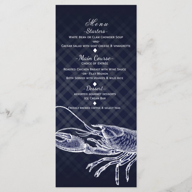 Vintage Lobster Navy Blue Elegant Party Menu Card (Front)