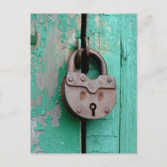VINTAGE LOCK GREEN DOOR POSTCARD (Front)