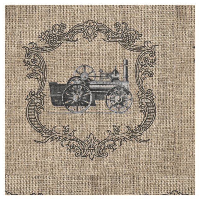 Vintage Locomotive Burlap Fabric (Close Up)