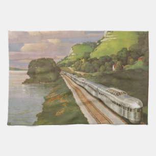 Vintage Locomotive in Country, Vacation by Train Tea Towel