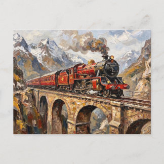 Vintage Locomotive Mountain Viaduct Oil Painting Postcard