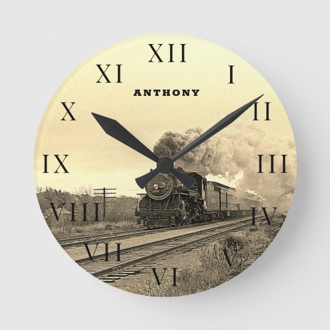 Vintage Locomotive Train Engine Railway Steam Round Clock (Front)