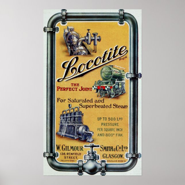 Vintage Locotite Steam Engine Advertisement Poster (Front)