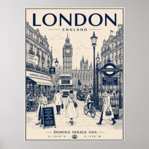 Vintage London Big Ben Double-Decker Illustration Poster