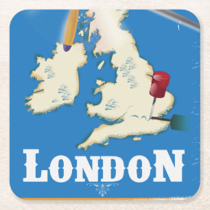 Vintage London, England Travel Poster Square Paper Coaster