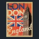 Vintage London Travel Poster<br><div class="desc">Red white and blue vintage London city with Big Ben poster</div>