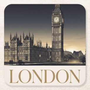 Vintage London Travel Poster with Big Ben  Square Paper Coaster