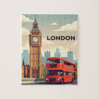 Vintage London with Big Ben and Red bus Jigsaw Puzzle
