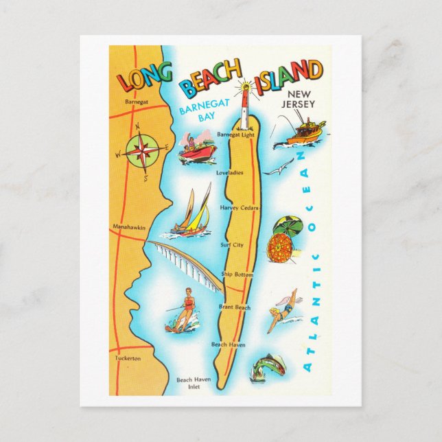 Vintage Long Beach Island, New Jersey, Map Postcard (Front)