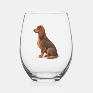 Vintage Long Haired Dachshund Back View Dog Illust Stemless Wine Glass