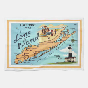 Vintage Long Island Map Bordered Tea Towel