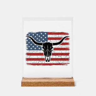 Vintage Longhorn Skull American Flag Vector Design Acrylic Sign