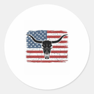 Vintage Longhorn Skull American Flag Vector Design Classic Round Sticker