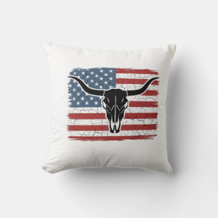 Vintage Longhorn Skull American Flag Vector Design Cushion