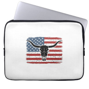 Vintage Longhorn Skull American Flag Vector Design Laptop Sleeve