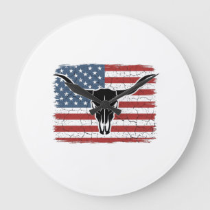 Vintage Longhorn Skull American Flag Vector Design Large Clock