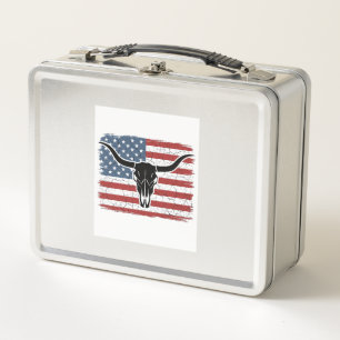 Vintage Longhorn Skull American Flag Vector Design Metal Lunch Box