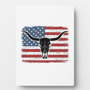 Vintage Longhorn Skull American Flag Vector Design Plaque