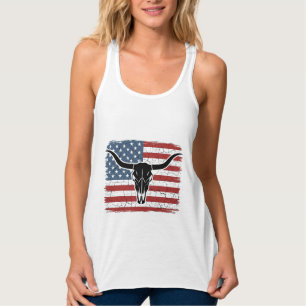 Vintage Longhorn Skull American Flag Vector Design Singlet