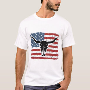 Vintage Longhorn Skull American Flag Vector Design T-Shirt