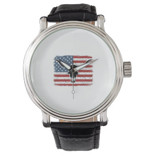 Vintage Longhorn Skull American Flag Vector Design Watch
