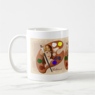 Vintage look artist pallette with womans face coffee mug