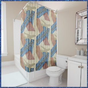 Vintage Look Beige Red & Blue Abstract Bon Voyage Shower Curtain
