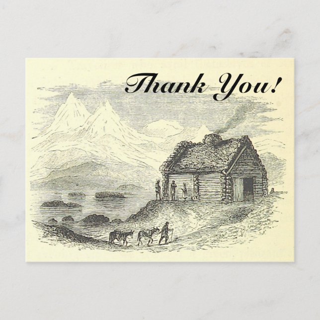 Vintage Look Cabin, Mountains, Lake + "Thank You!" Postcard (Front)