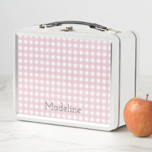 Vintage Look Custom Name with Pink Gingham Metal Lunch Box