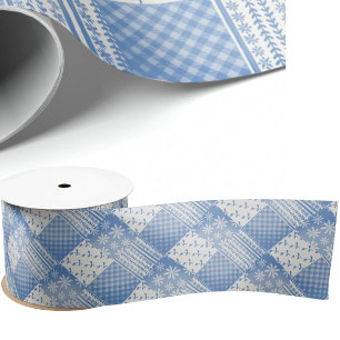 Vintage Look Denim Blue Creamy White Patchwork  Satin Ribbon
